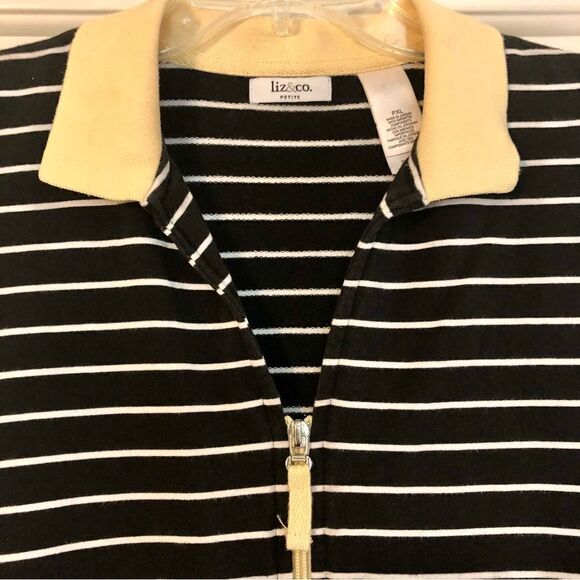 Liz & Co Black, White Stripped Sleeveless V-neck w/ Yellow Collar and a Zipper - Picture 2 of 8